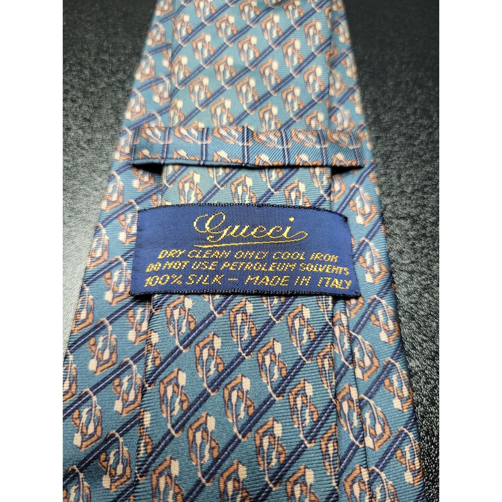Gucci Men's Necktie Blue Geometric Stirrup 100% Silk 3.5" x 58" Excellent - Picture 4 of 9